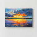Colorful sunset ocean abstract wall art painting with blue and orange tones, modern coastal home decor