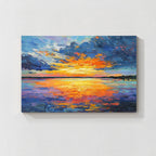 Colorful sunset ocean abstract wall art painting with blue and orange tones, modern coastal home decor