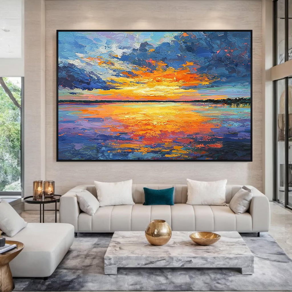 Colorful sunset ocean wall art with black frame, vibrant seascape painting for modern living room decor
