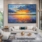 Colorful sunset ocean wall art with black frame, vibrant seascape painting for modern living room decor