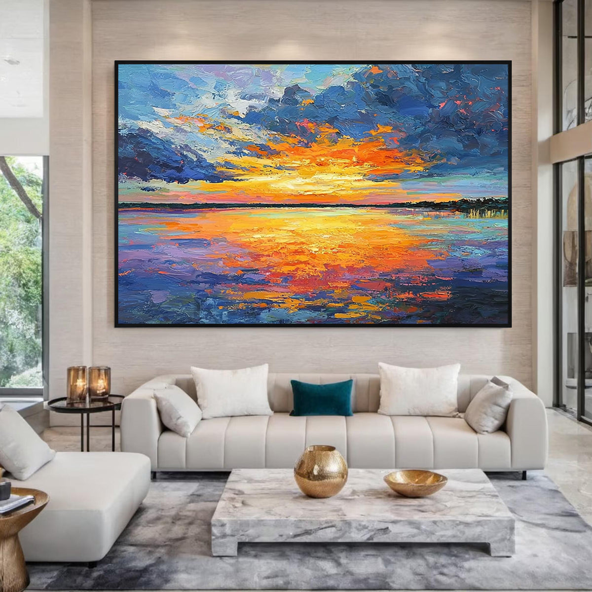 Colorful sunset ocean wall art with black frame, vibrant seascape painting for modern living room decor