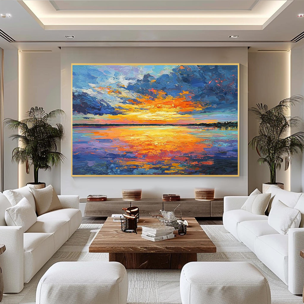 Colorful sunset ocean wall art with gold frame, vibrant seascape painting for modern luxury living room decor