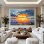 Colorful sunset ocean wall art with gold frame, vibrant seascape painting for modern luxury living room decor