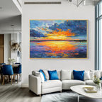 Colorful sunset ocean wall art with gold frame, vibrant seascape painting for modern living room decor