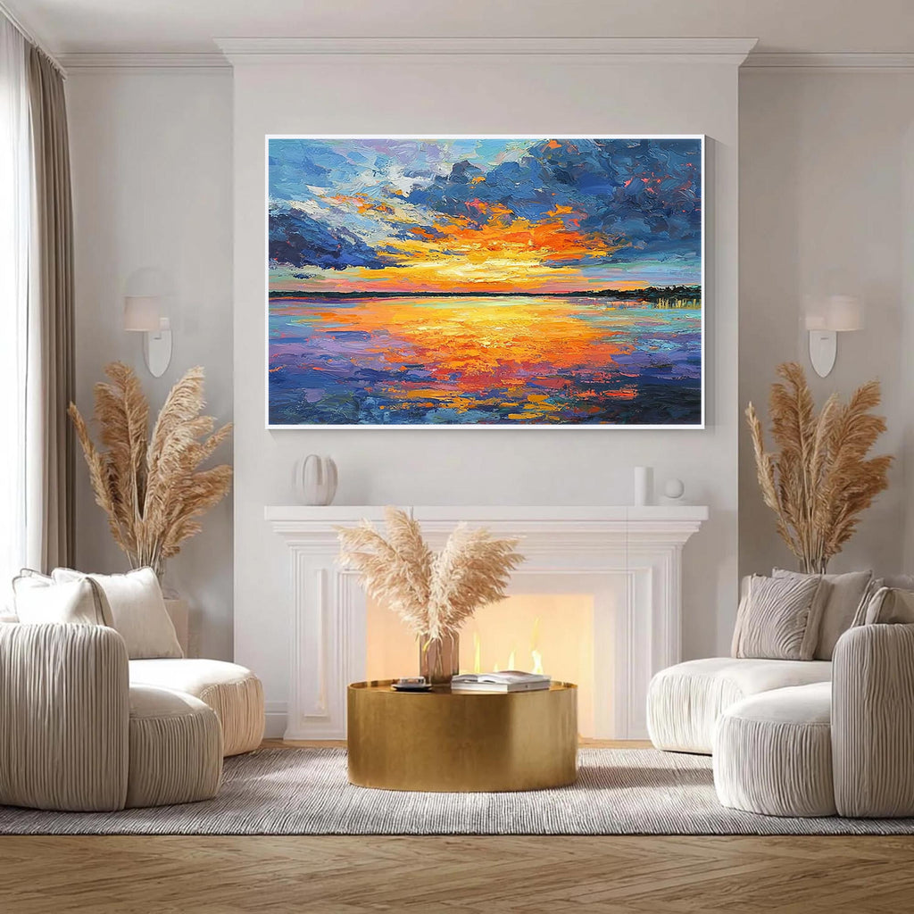Colorful sunset ocean wall art with white frame, vibrant seascape painting for modern living room decor