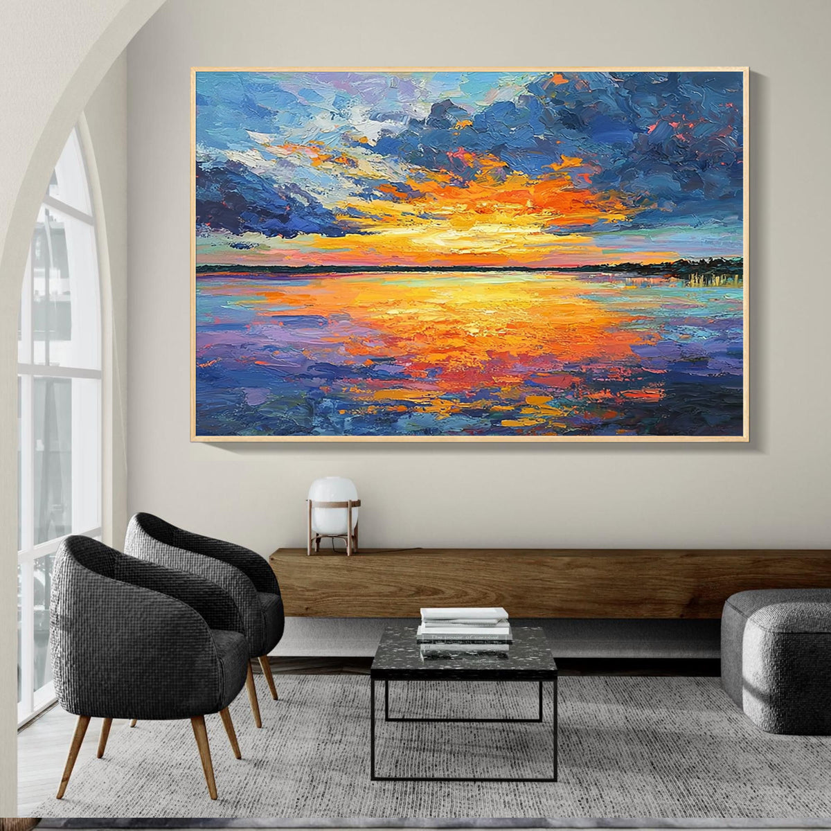 Colorful sunset ocean wall art with wood frame, vibrant seascape painting for modern living room decor