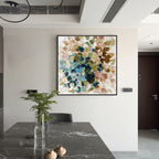 Colorful textured abstract wall art displayed in a modern dining area interior
