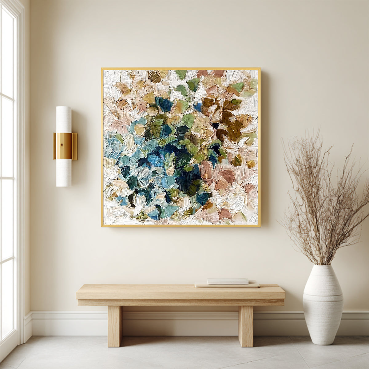 Colorful textured abstract wall art displayed in a modern entryway interior with a bench