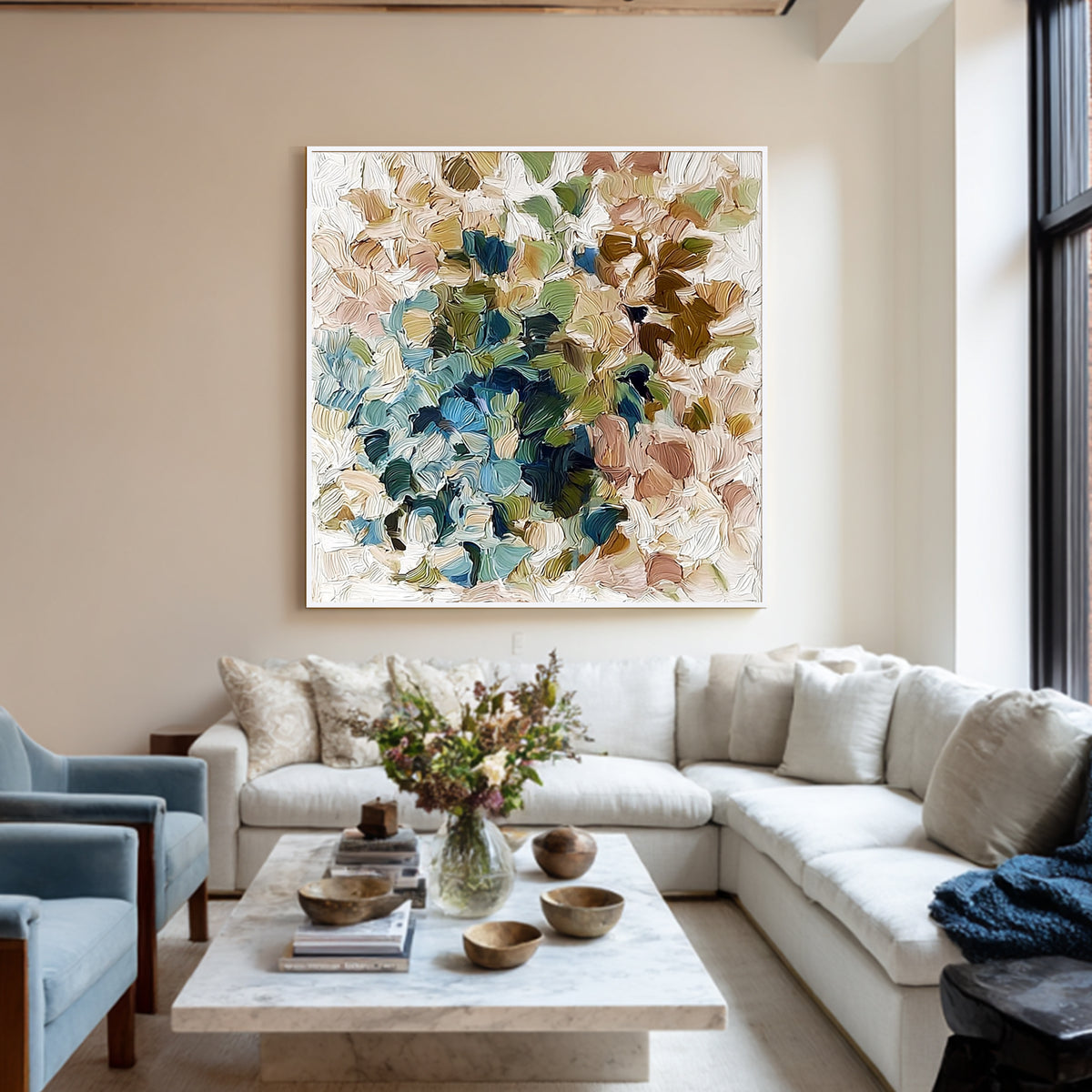 Colorful textured abstract wall art displayed above a sofa in a modern living room interior