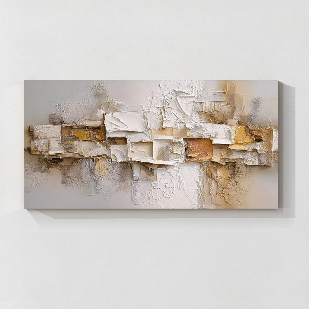 Cream beige and gold relief textured abstract wall art with layered 3D texture