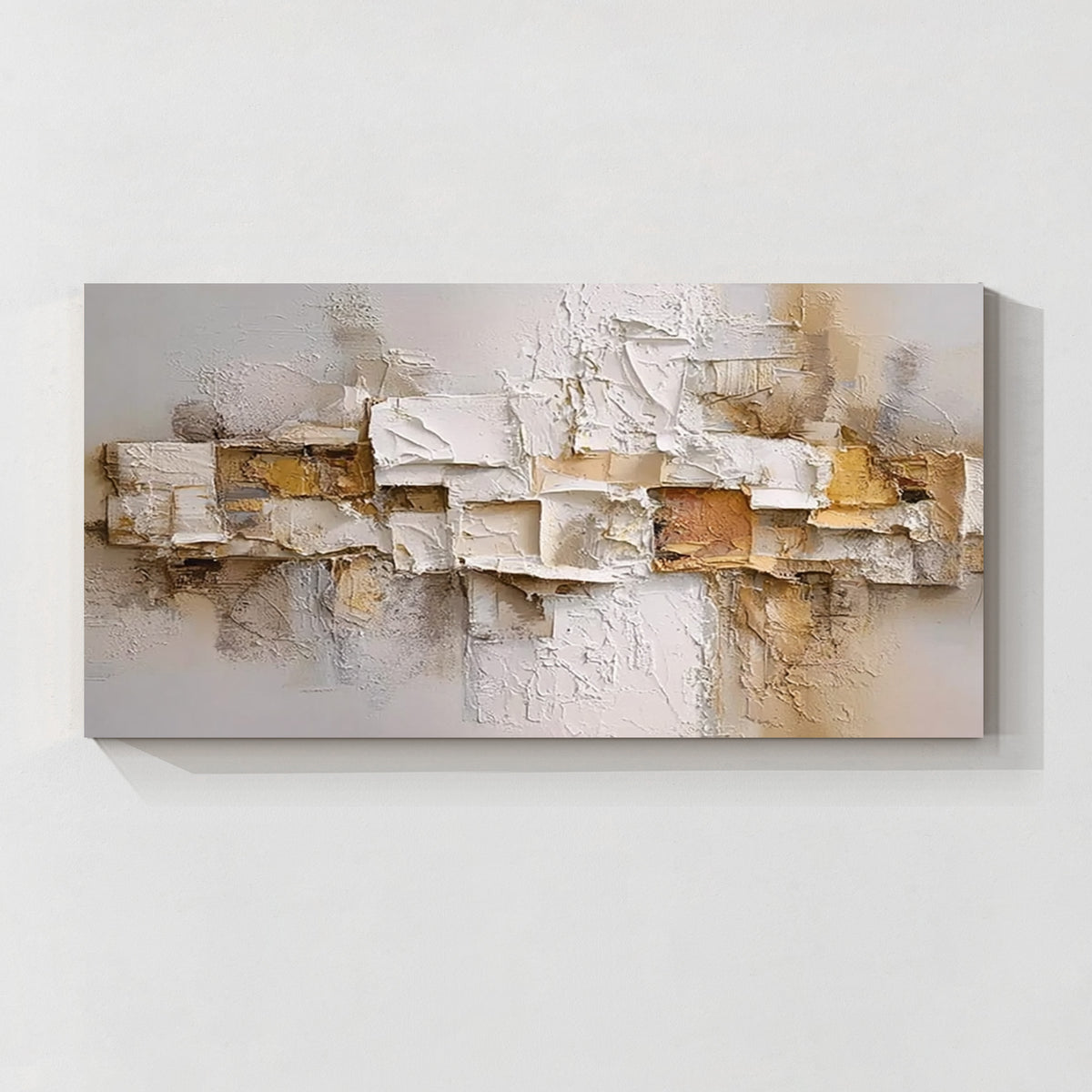 Cream beige and gold relief textured abstract wall art with layered 3D texture