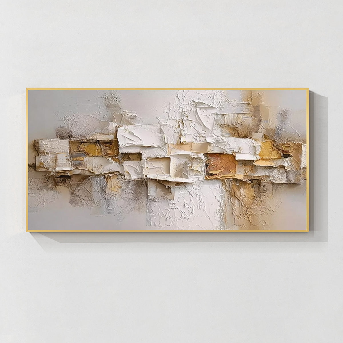 Cream beige relief textured abstract wall art with gold frame, modern neutral wall decor
