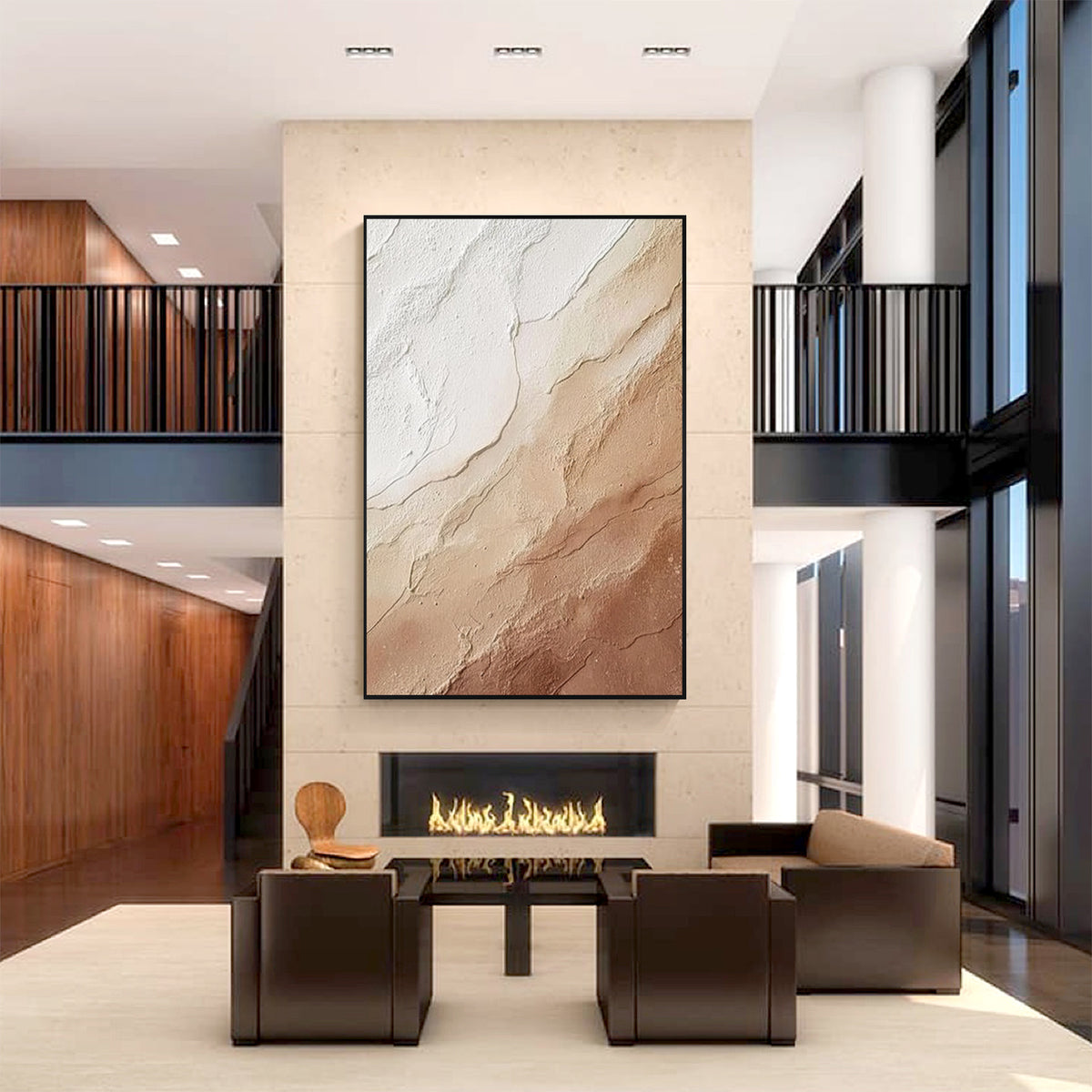 Cream beige textured abstract wall art with black frame, minimalist plaster texture painting above fireplace in a modern luxury living room