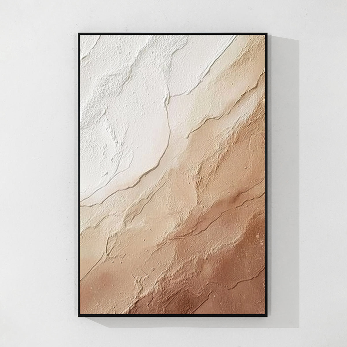 Cream beige textured abstract wall art with black frame, minimalist modern painting for contemporary living room decor