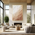 Cream beige textured abstract wall art with gold frame, minimalist plaster style painting above fireplace in a modern living room