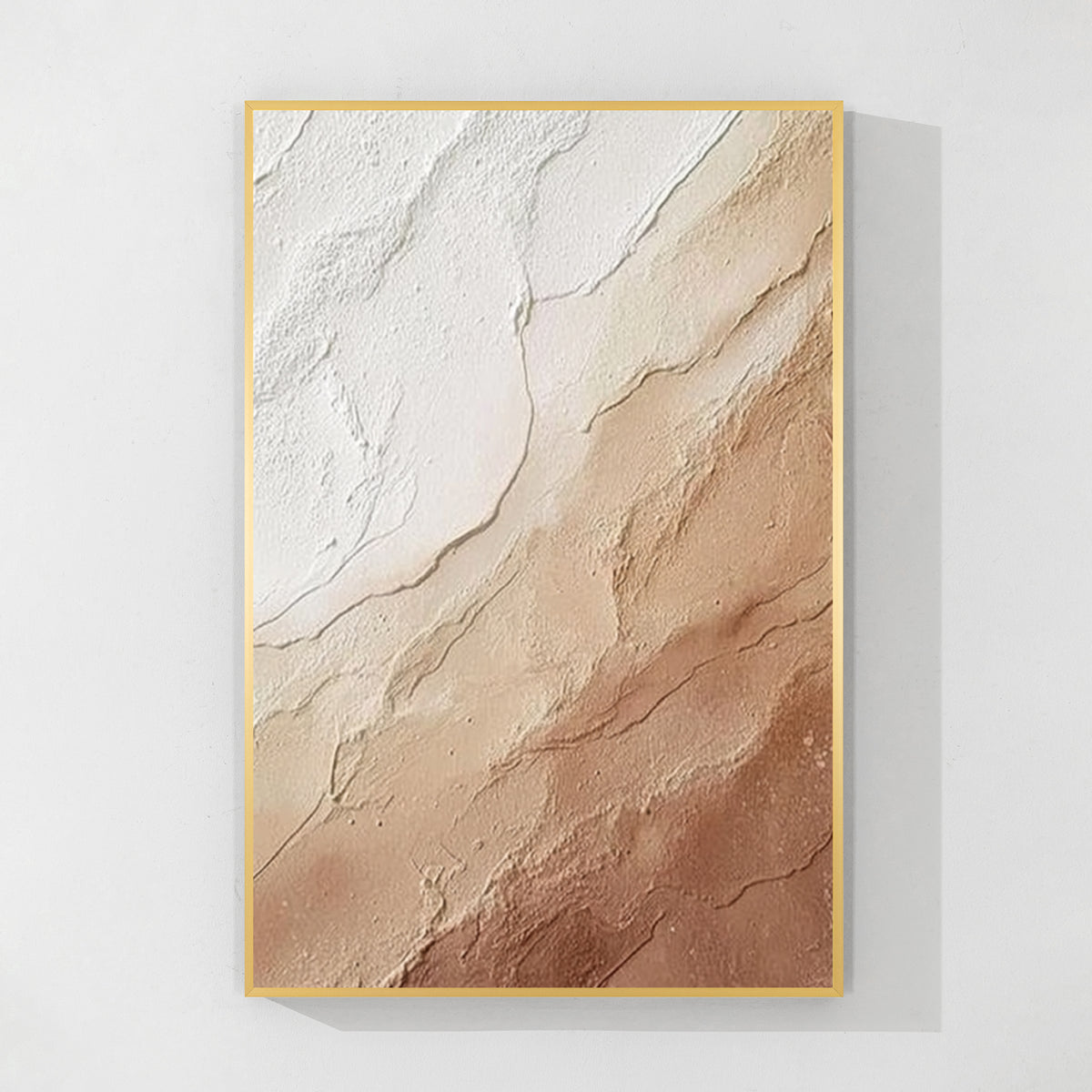 Cream beige textured abstract wall art with gold frame, minimalist neutral painting for luxury modern home decor