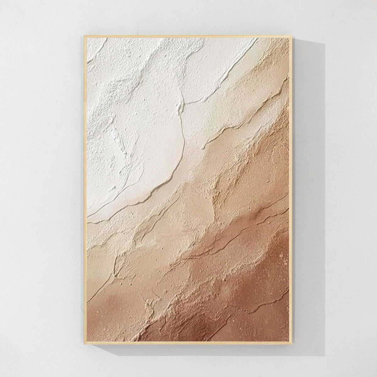 Cream beige textured abstract wall art with wood frame, natural minimalist painting for warm modern home decor