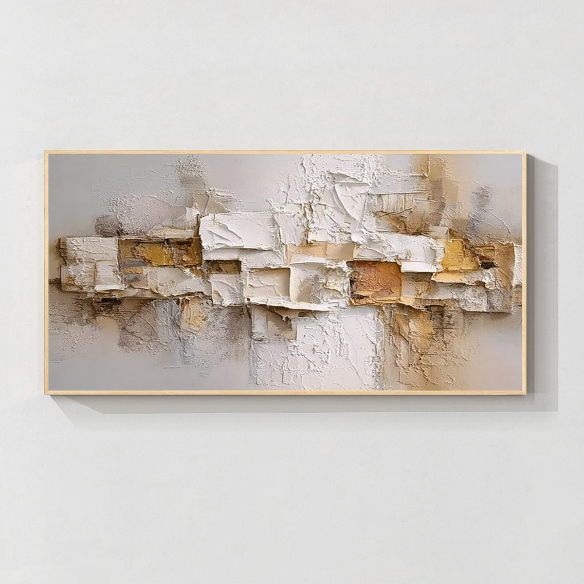 Cream and gold relief textured abstract wall art with natural wood frame, modern home decor