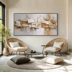 Cream and beige layered relief textured abstract wall art with black frame in a modern lounge