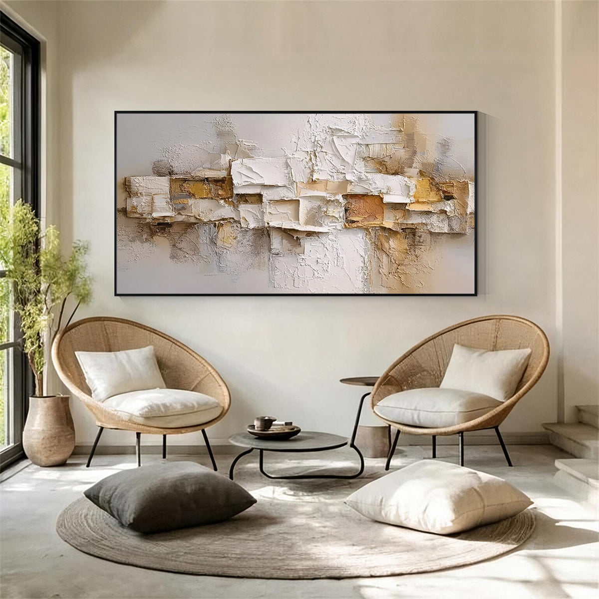 Cream and beige layered relief textured abstract wall art with black frame in a modern lounge