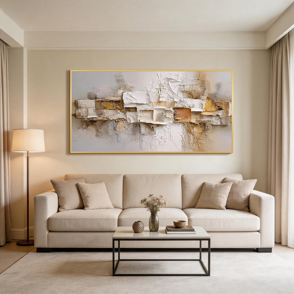 Cream and beige layered relief abstract wall art with gold frame above a sofa in a modern living room