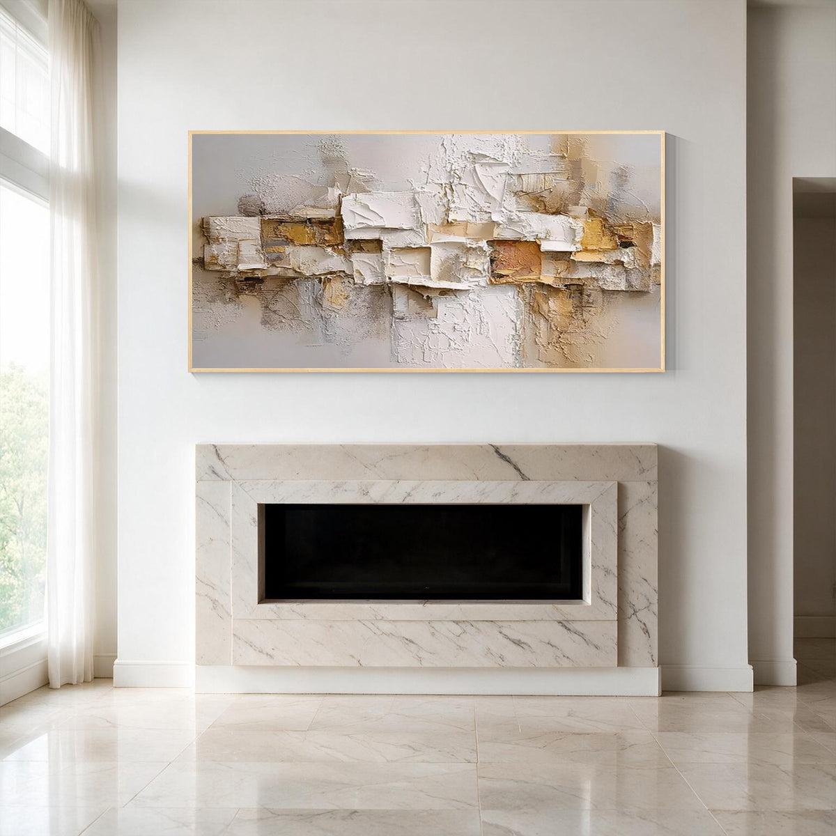 Cream and beige relief textured abstract wall art with gold frame above a modern fireplace