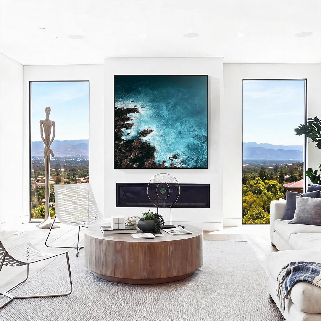 Deep blue ocean abstract art with black frame, modern coastal wall decor for living room