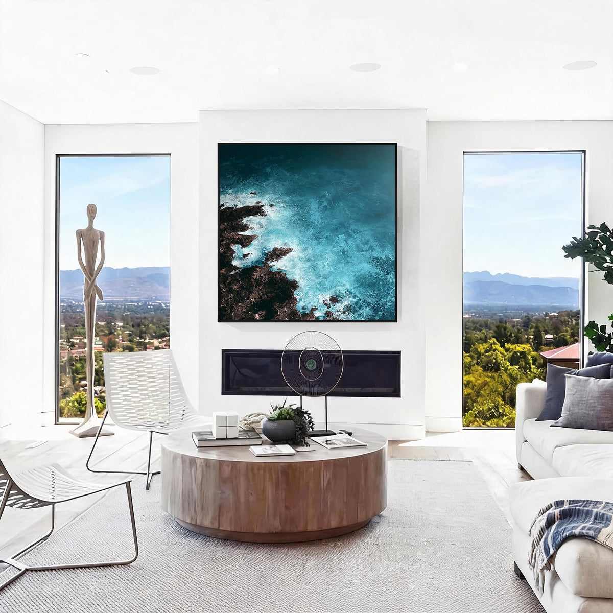 Deep blue ocean abstract art with black frame, modern coastal wall decor for living room