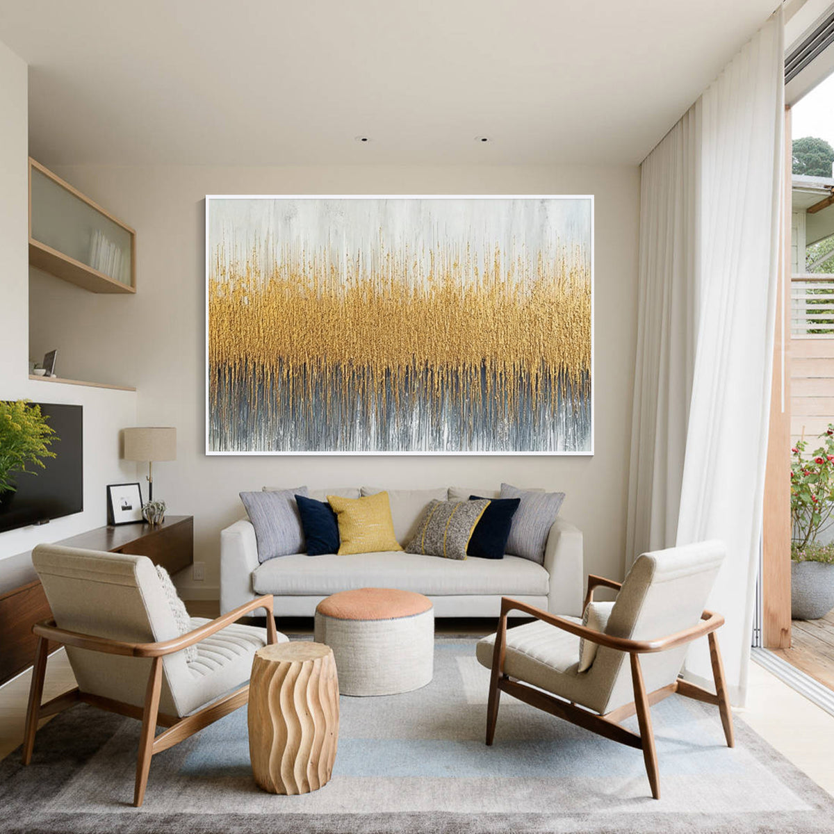 Gold abstract texture canvas wall decor displayed in a modern living room