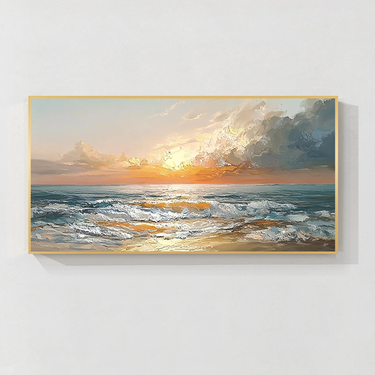 Gold frame sunset seascape wall art painting with ocean waves and golden sky for modern home decor