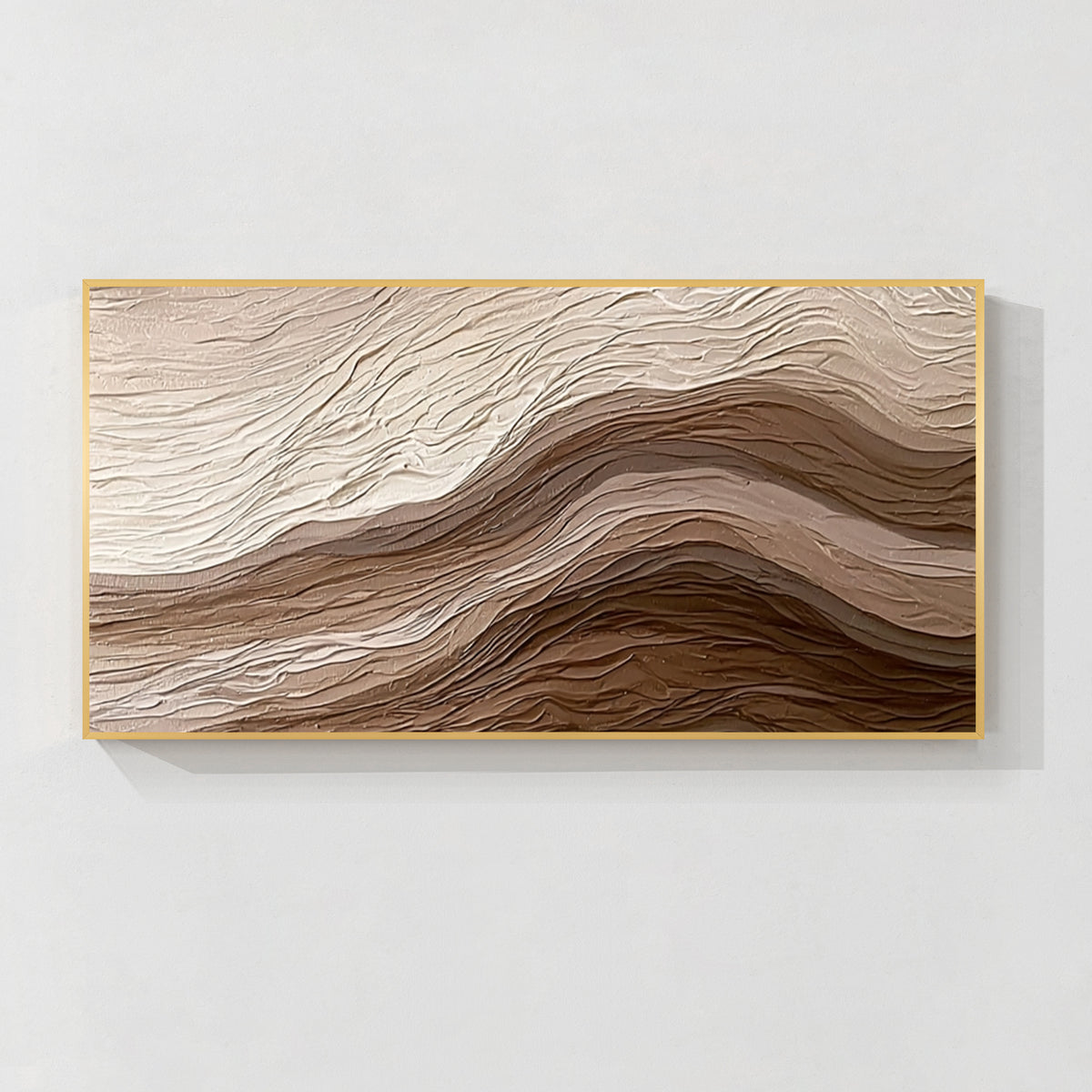 Gold framed 3D textured abstract wall art with layered beige and brown relief design, luxury minimalist canvas artwork for modern home decor