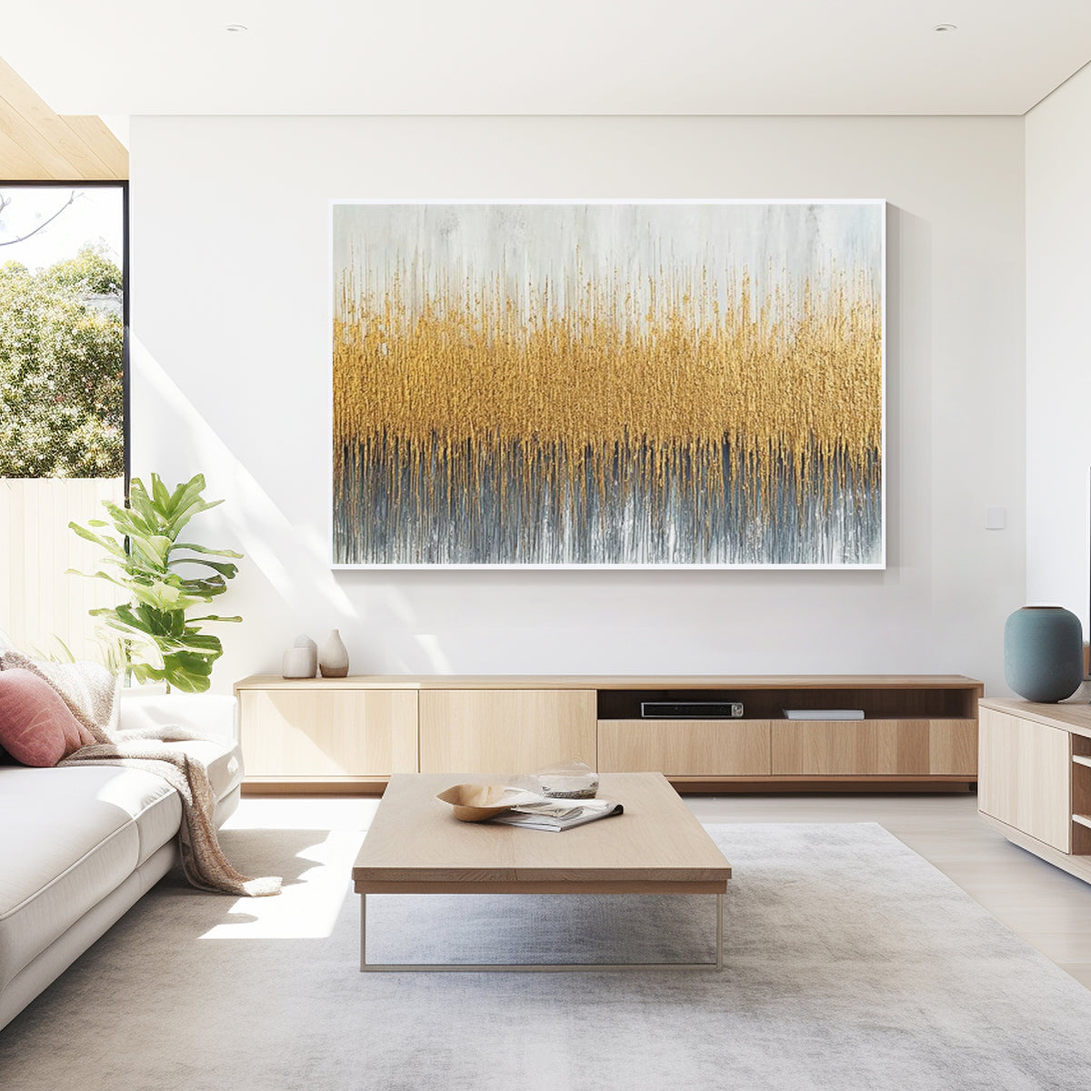 Gold textured abstract wall art displayed in a modern minimalist living room