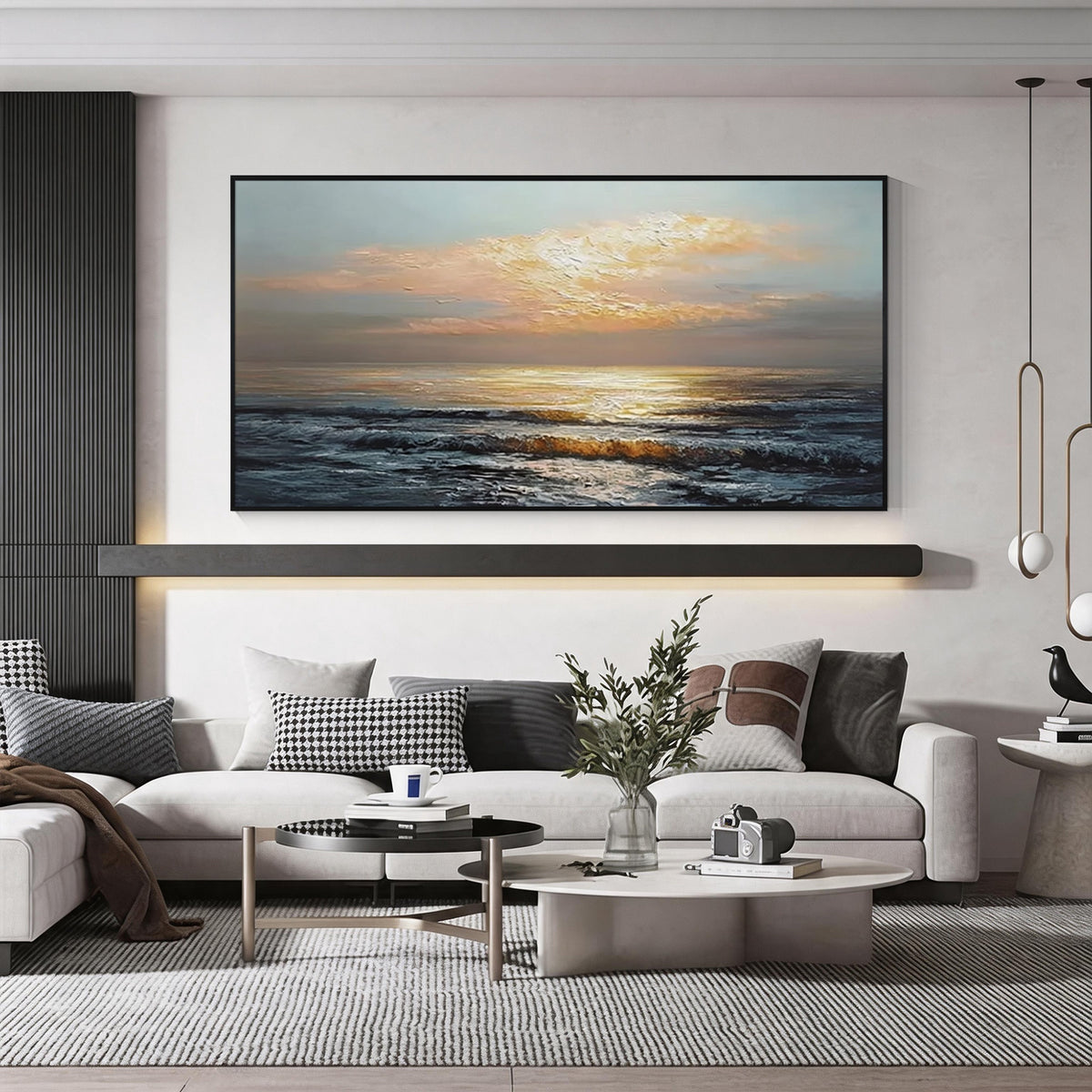 Golden horizon ocean wall art with black frame displayed above a sofa in a modern living room