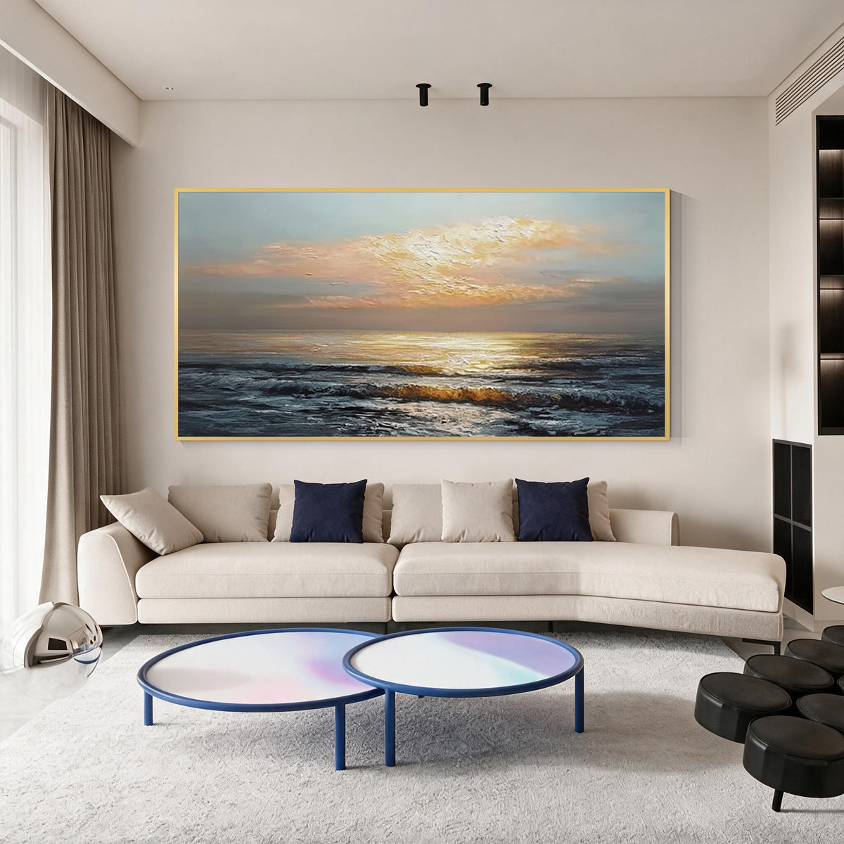 Golden horizon ocean wall art with gold frame displayed above a sofa in a modern living room
