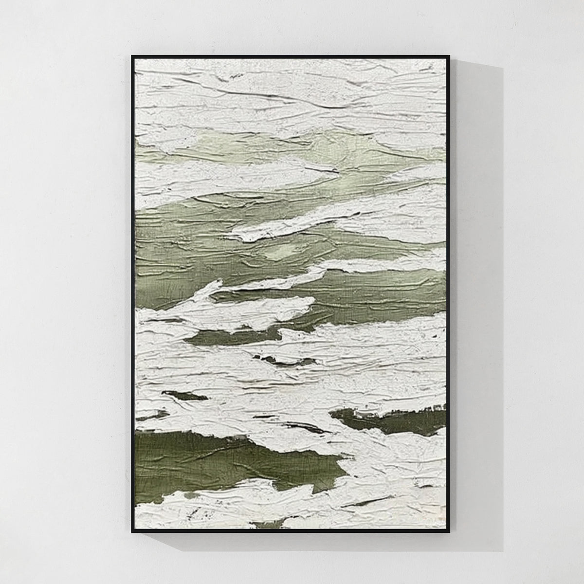 Green and white textured abstract wall art with black frame featuring modern minimalist artwork for contemporary interiors