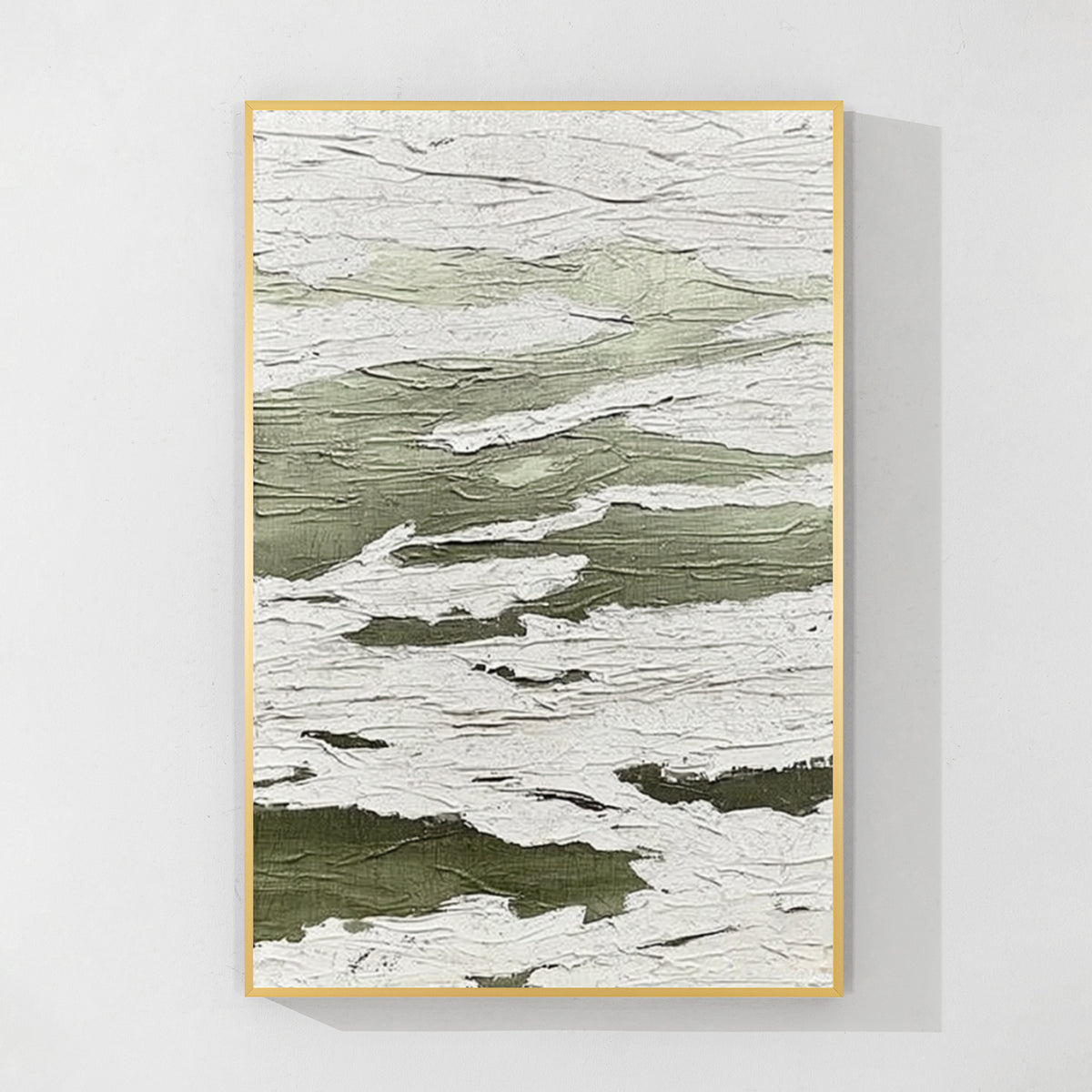 Green and white textured abstract wall art with gold frame featuring minimalist layered design for elegant home decor