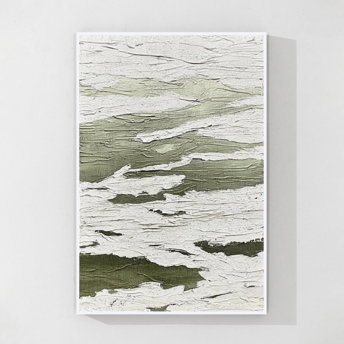 Green and white textured abstract wall art with white frame featuring soft neutral tones and minimalist home decor style