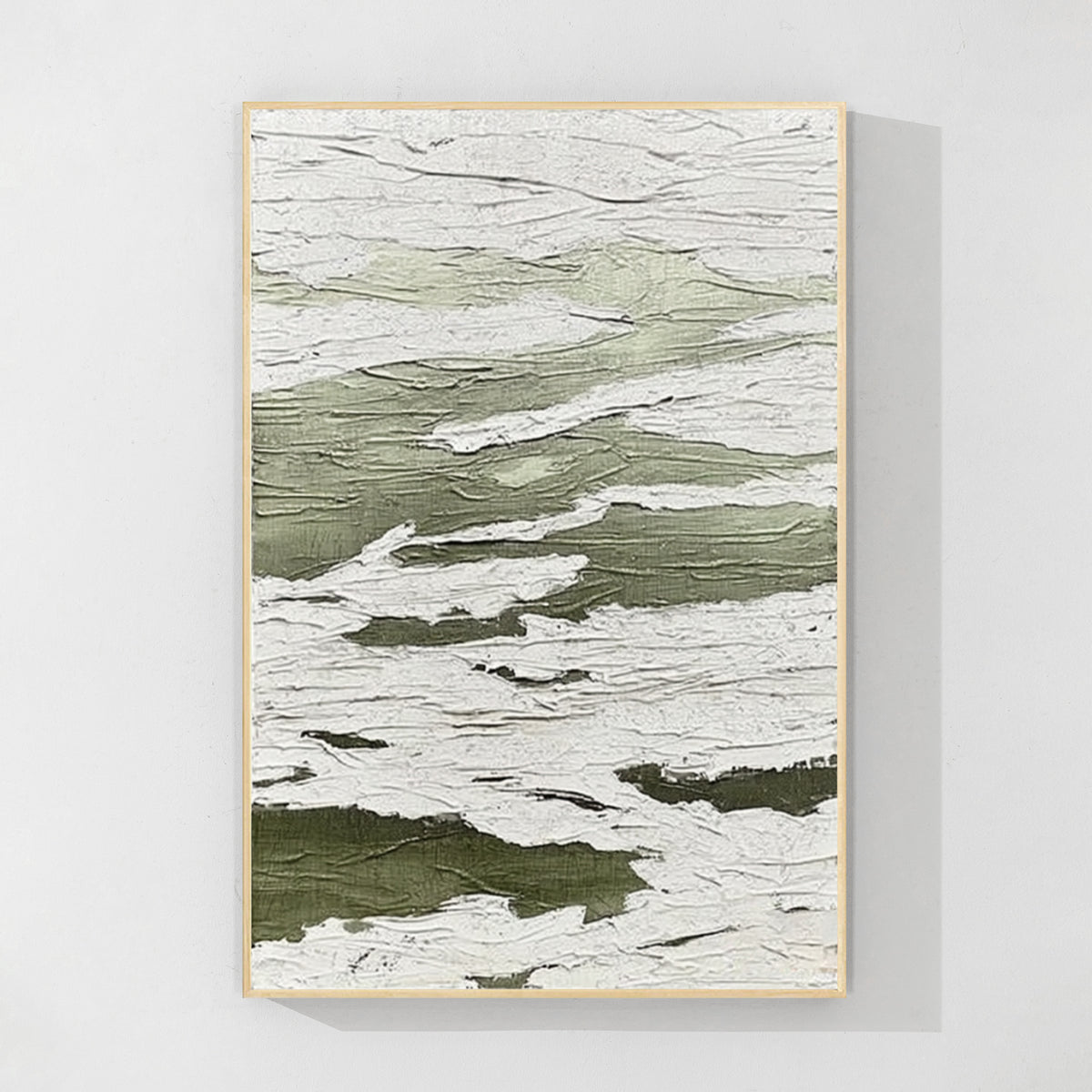 Green and white textured abstract wall art with wood frame featuring natural layered texture for modern home decoration