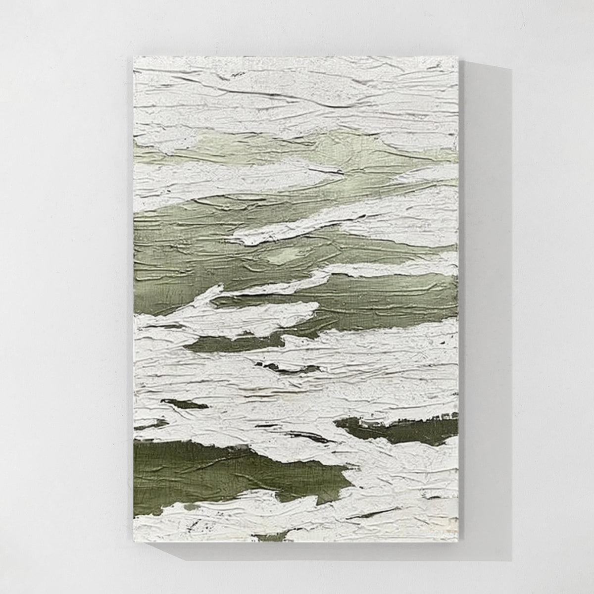 Green and white textured abstract wall art featuring layered organic patterns and minimalist modern canvas design