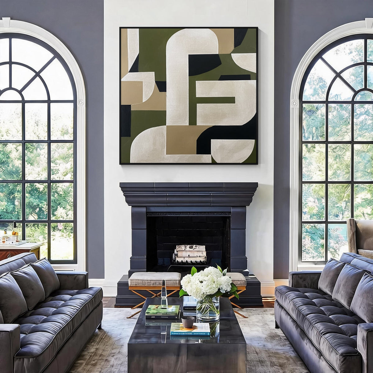 Green beige geometric abstract wall art with black frame displayed above a fireplace in a modern living room, minimalist contemporary home decor