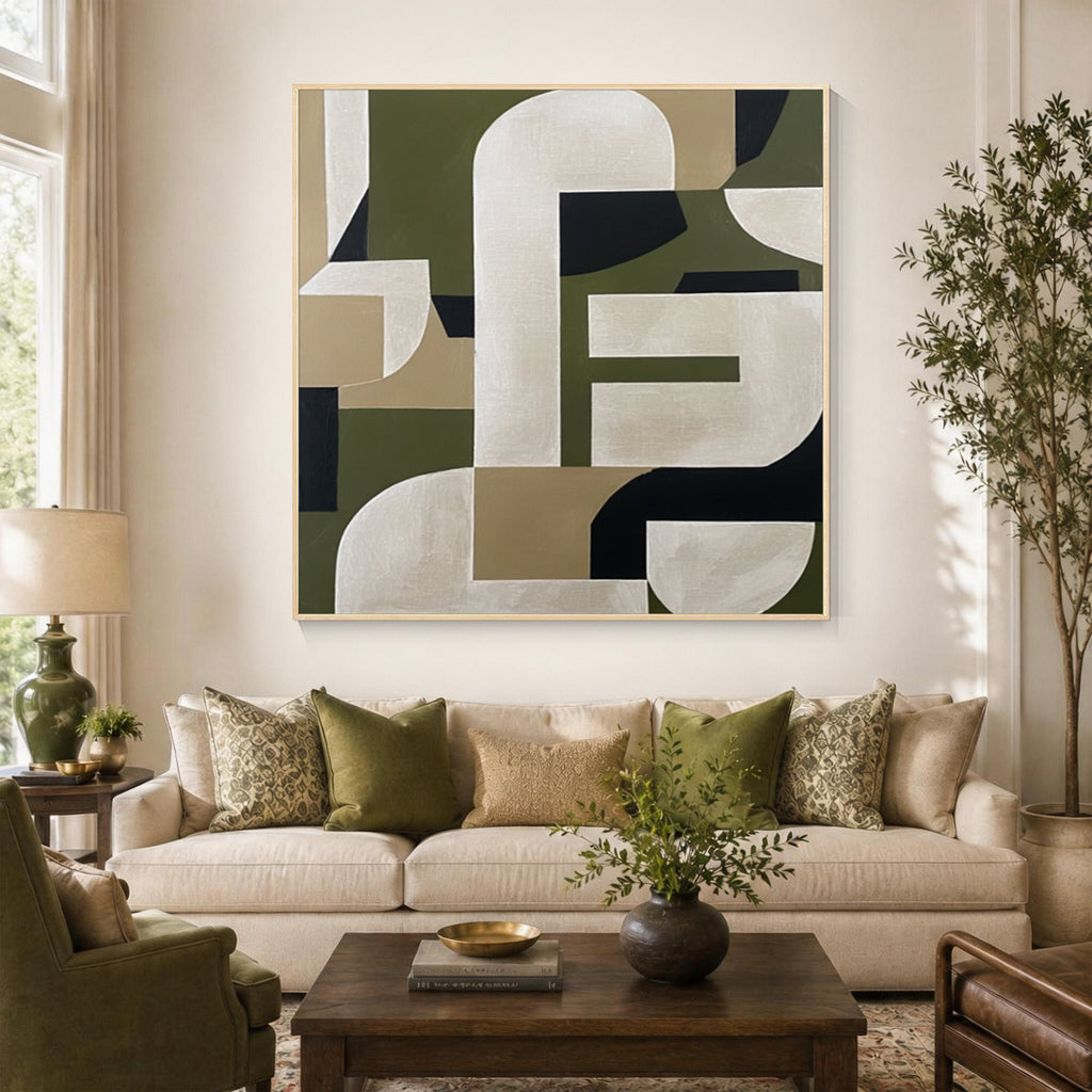 Green beige geometric abstract wall art with gold frame displayed in a modern living room, minimalist contemporary home decor
