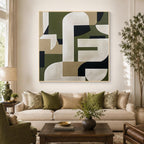 Green beige geometric abstract wall art with gold frame displayed in a modern living room, minimalist contemporary home decor
