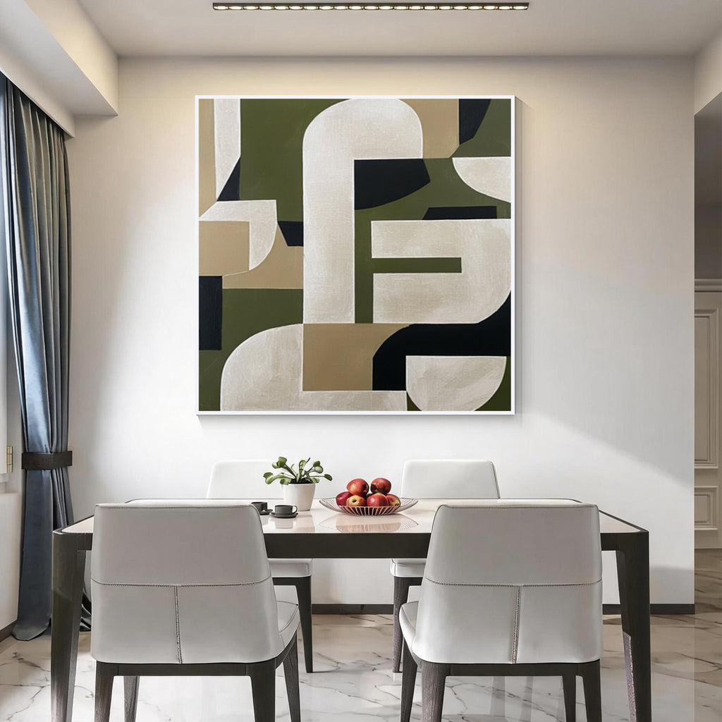 Green beige geometric abstract wall art with white frame displayed in a modern dining room, minimalist contemporary home decor