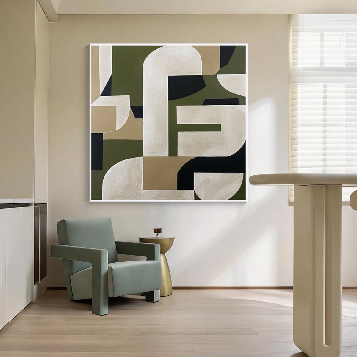 Green beige geometric abstract wall art with white frame displayed in a modern minimalist home interior, contemporary wall decor