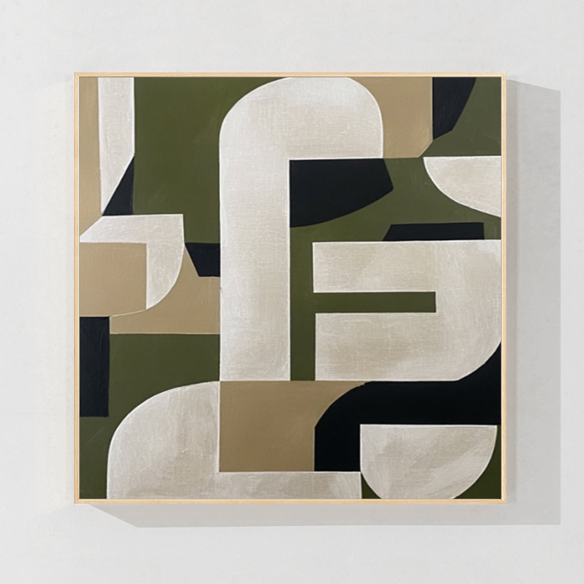 Green beige geometric abstract wall art with natural wood frame, modern minimalist painting for warm contemporary home interior