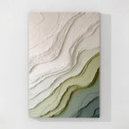 Green and beige textured abstract wall art canvas featuring layered organic patterns and modern minimalist design