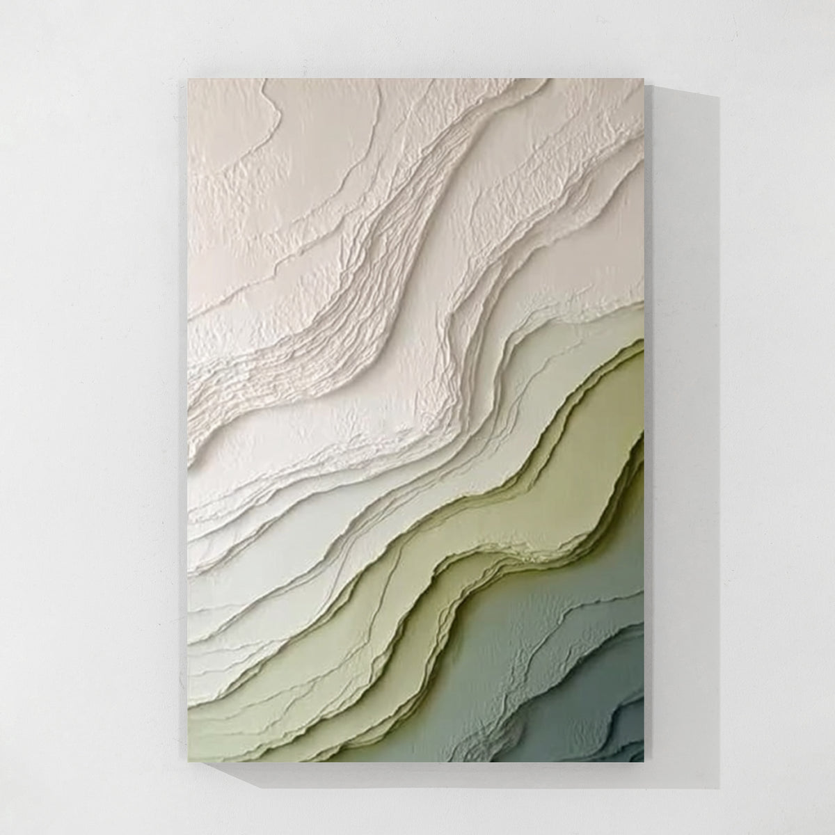 Green and beige textured abstract wall art canvas featuring layered organic patterns and modern minimalist design