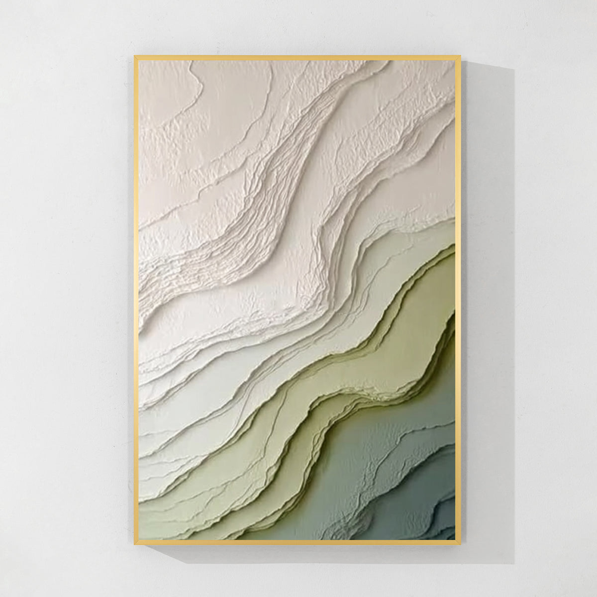 Green and beige textured abstract wall art with gold frame featuring layered organic patterns and modern minimalist canvas design