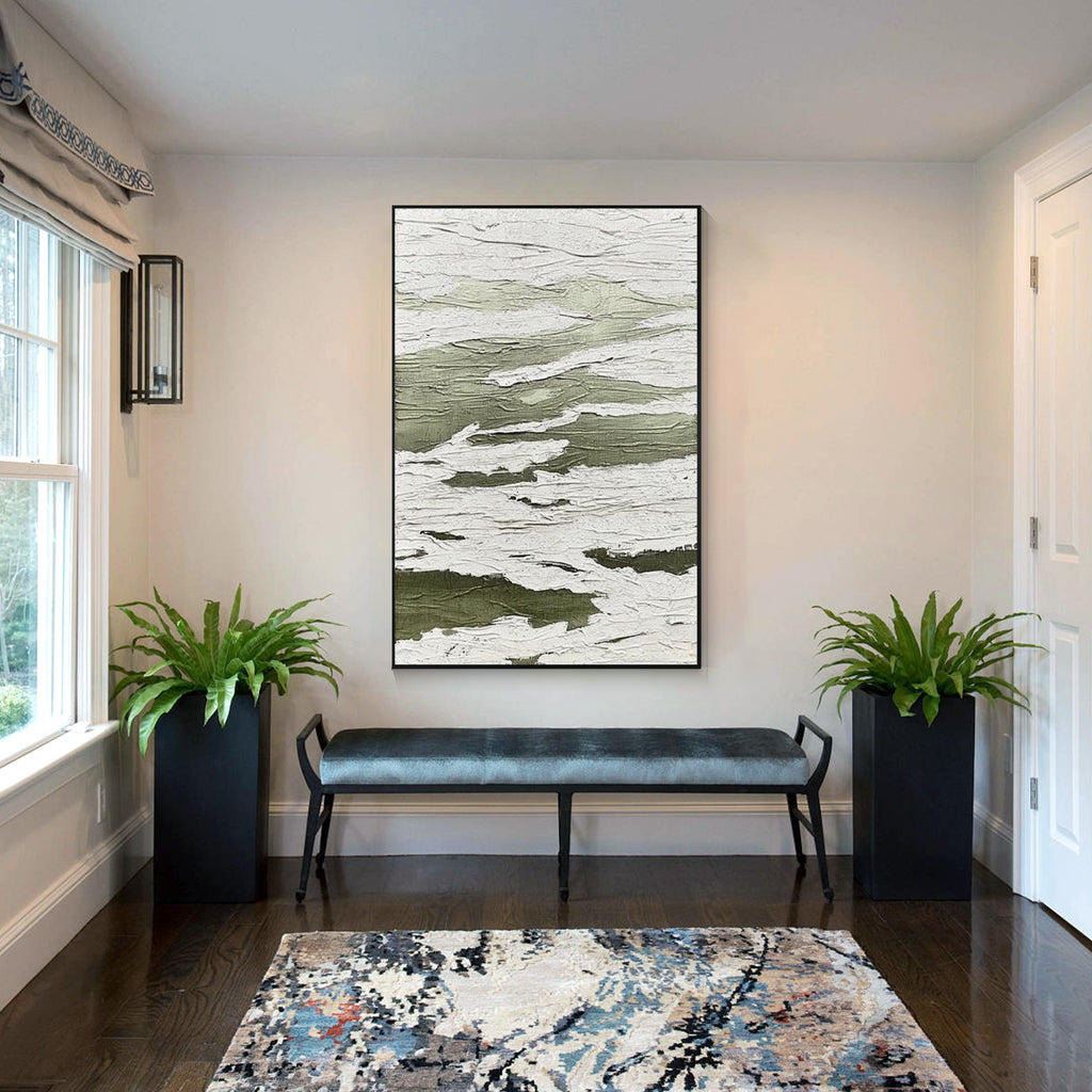 Green and white textured abstract wall art with black frame displayed in a modern entryway, featuring layered minimalist design for contemporary home decor