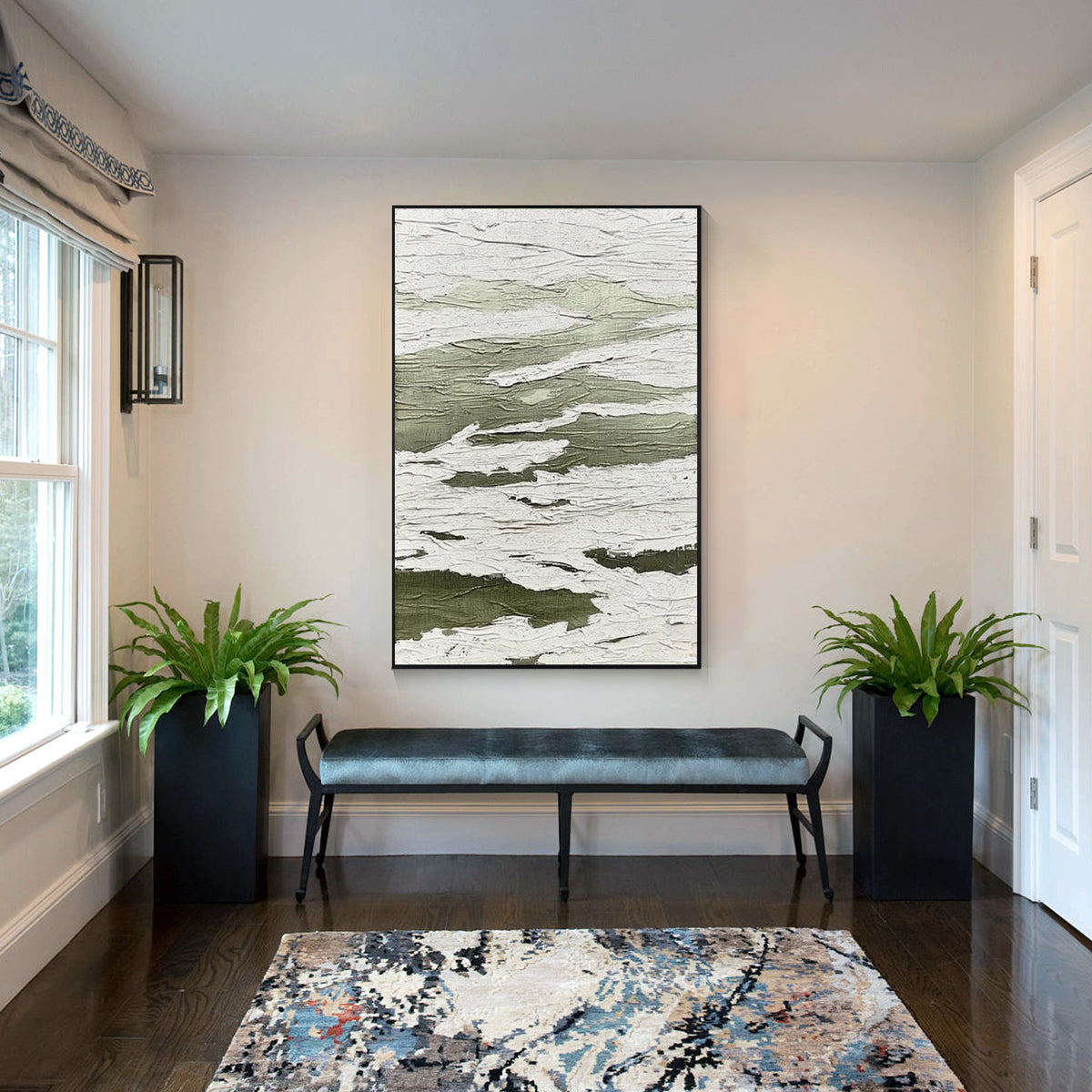 Green and white textured abstract wall art with black frame displayed in a modern entryway, featuring layered minimalist design for contemporary home decor
